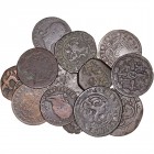 Monarquía Española
Lotes de Conjunto
Lote de 14 monedas variadas. AE. Reyes Católicos (3), Felipe III/IV (4), Carlos III/IV (3, una de ellas 2 Reale...