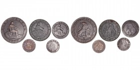 La Peseta
Gobierno Provisional
Lote de 5 monedas. AE. 1870. Céntimo (2), 2 Céntimos, 5 Céntimos y 10 Céntimos. MBC- a BC-.