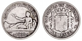 La Peseta
Gobierno Provisional
Peseta. AR. 1869 SNM. 4.76g. Cal.16. (BC+).