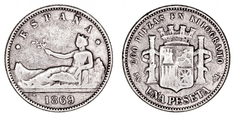 La Peseta
Gobierno Provisional
Peseta. Calamina plateada. 1869 SNM. Falsa de é...