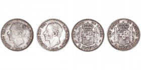 La Peseta
Alfonso XII
2 Pesetas. AR. 1882 *18-82 MSM. Lote de 2 monedas. Cal.32. Sucias. (BC+).