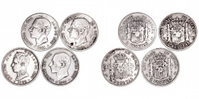 La Peseta
Alfonso XII
2 Pesetas. AR. Lote de 4 monedas. 1879, 1881, 1883 y 1905. (MBC- a BC).