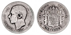 La Peseta
Alfonso XII
Peseta. AR. 1881 MSM. 4.70g. Cal.17. Estrellas no visibles. Escasa. (RC).
