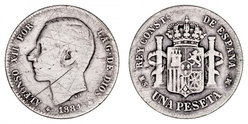 La Peseta
Alfonso XII
Peseta. AR. 1884 MSM. 4.76g. Cal.23. Estrellas no visibl...