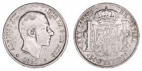 La Peseta
Alfonso XII
50 Centavos de Peso. AR. Manila. 1880. 12.80g. Cal.112. Rara. BC+/MBC-.