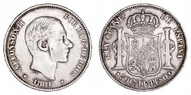 La Peseta
Alfonso XII
50 Centavos de Peso. AR. Manila. 1881. 12.76g. Cal.114. Suave pátina. MBC/MBC+.