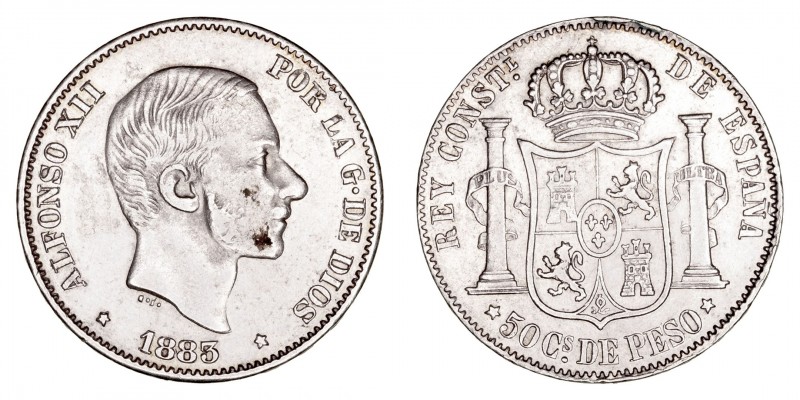 La Peseta
Alfonso XII
50 Centavos de Peso. AR. Manila. 1883. 12.84g. Cal.120. ...