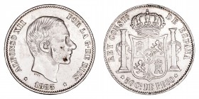 La Peseta
Alfonso XII
50 Centavos de Peso. AR. Manila. 1883. 12.84g. Cal.120. Manchita, por lo demás muy bonita. (MBC+).