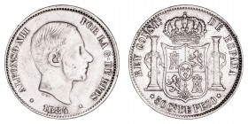 La Peseta
Alfonso XII
50 Centavos de Peso. AR. Manila. 1884. 12.33g. Cal.121. Rayitas y limpiada. Rara. (MBC).