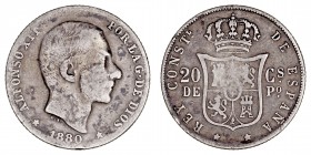 La Peseta
Alfonso XII
20 Centavos de Peso. AR. Manila. 1880. 5.02g. Cal.103. Manchitas. Rara. (BC-).