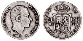 La Peseta
Alfonso XII
20 Centavos de Peso. AR. Manila. 1881. 5.15g. Cal.105. Algo sucia. (MBC-).