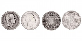 La Peseta
Alfonso XII
20 Centavos de Peso. AR. Manila. Lote de 2 monedas. 1883 y 1884. Limpiadas. (BC- a RC).