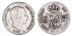 La Peseta
Alfonso XII
10 Centavos de Peso. AR. Manila. 1881. 2.53g. Cal.94. Marcas y rayitas en anverso. Escasa. (BC-/BC).