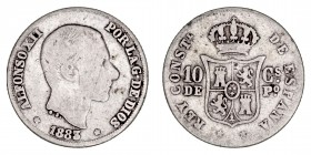 La Peseta
Alfonso XII
10 Centavos de Peso. AR. Manila. 1883. 2.46g. Cal.99. Escasa. (BC).