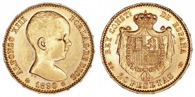 La Peseta
Alfonso XIII
20 Pesetas. AV. 1890 *18-90 MPM. 6.45g. Cal.114. EBC-.