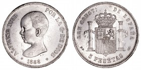 La Peseta
Alfonso XIII
5 Pesetas. AR. 1888 *18-88 MPM. 24.89g. Cal.90. Restos de brillo. MBC+.