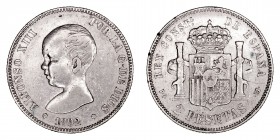 La Peseta
Alfonso XIII
2 Pesetas. AR. 1892 *18-92 PGM. 9.94g. Cal.85. Marquitas en listel. (MBC).