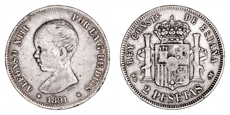 La Peseta
Alfonso XIII
2 Pesetas. AR. 1891 *18-91 PGM. 9.84g. Cal.84. Estrella...