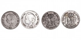 La Peseta
Alfonso XIII
Peseta. AR. Lote de 2 monedas. 1891 y 1893. Estrellas no visibles. (BC+ a BC).
