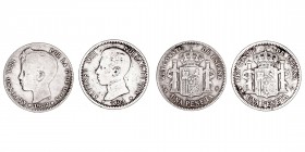 La Peseta
Alfonso XIII
Peseta. AR. Lote de 2 monedas. 1902 y 1904. Estrellas no visibles. (BC+ a BC).