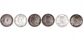 La Peseta
Alfonso XIII
Peseta. AR. Lote de 3 monedas. 1899 y 1903 (2). Alguna estrella visible. (MBC a BC).