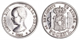 La Peseta
Alfonso XIII
50 Céntimos. AR. 1892 *9-2 PGM. 2.49g. Cal.28. MBC+.
