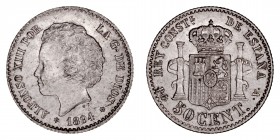La Peseta
Alfonso XIII
50 Céntimos. AR. 1894 *9-4 PGV. 2.52g. Cal.43. Bella pieza. Muy escasa así. EBC.