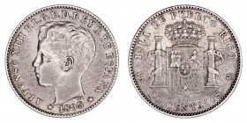 La Peseta
Alfonso XIII
20 Centavos. AR. Puerto Rico. 1895 PGV. 4.98g. Cal.126. Suave pátina. Escasa. MBC.