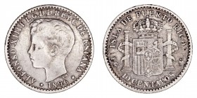 La Peseta
Alfonso XIII
10 Centavos. AR. Puerto Rico. 1896 PGV. 2.42g. Cal.125. Escasa. MBC.
