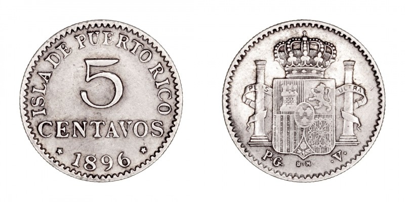 La Peseta
Alfonso XIII
5 Centavos. AR. Puerto Rico. 1896 PGV. 1.26g. Cal.124. ...