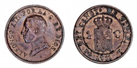 La Peseta
Alfonso XIII
Céntimo. AE. 1911 *1 PCV. 1.01g. Cal.3. Puntos de verdín y cuño roto. Escasa. (MBC/MBC-).