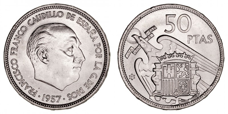 La Peseta
Estado Español
50 Pesetas. Cuproníquel. 1957 *71. Cal.140. SC.