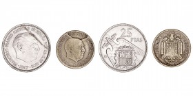 La Peseta
Estado Español
Lote de 2 monedas. AE/CuNi. Peseta 1953 y 25 Pesetas 1957 *70. Curiosas acuñaciones. (MBC).