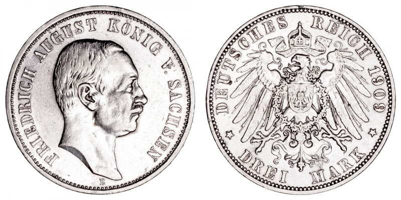 Monedas Extranjeras
Alemania
3 Marcos. AR. 1909 E. Sajonía. Friedrich August I...