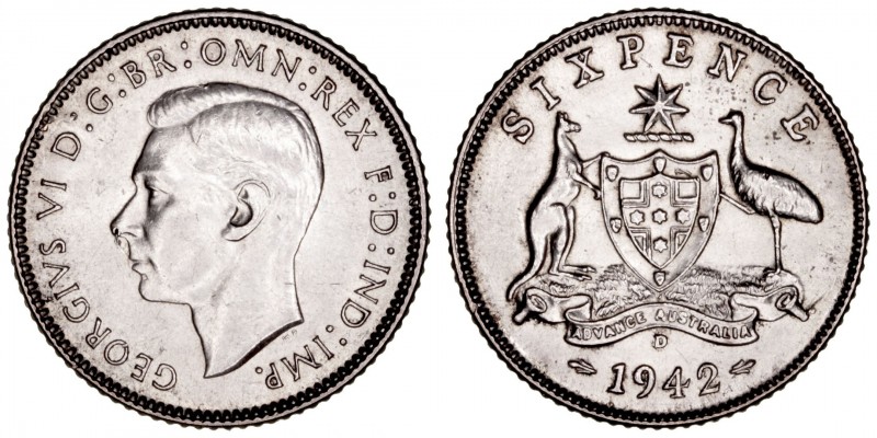 Monedas Extranjeras
Australia Jorge VI
6 Pence. AR. 1942 D. KM.38. EBC.