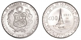 Monedas Extranjeras
Perú
400 Soles. AR. Lima. 1976. 150 Aniversario de la Batalla de Ayacucho. 27.69g. KM.270. Conserva brillo. SC-.