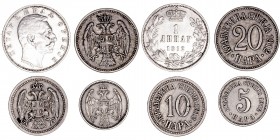 Monedas Extranjeras
Serbia
Serie de 4 valores. AR/CuNi. 1912. 5, 10, 20 Para y Dinar. KM.18/20 y 25.1. MBC.
