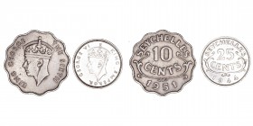 Monedas Extranjeras
Seychelles Jorge VI
Lote de 2 monedas. AR/CuNi. 10 Cents 1951 y 25 Cents 1944. KM.2 y 8. EBC- a MBC.