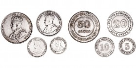 Monedas Extranjeras
Straits Settlements Jorge V
Lote de 4 monedas. AR. 5 Cents 1935, 10 Cents 1927, 20 Cents 1926 y 50 Cents 1920. KM.-. MBC a MBC-.