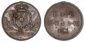 Medallas
Alfonso XIII
Medalla. AE. Río Frío, 1914. Medalla del I Campamento Nacional de Exploradores. 30.00mm. Anilla rota y golpes. Escasa. (BC-)....