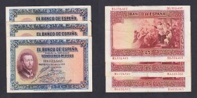 Billetes
Banco de España
25 Pesetas. 12 octubre 1926. Serie B. Lote de 3 billetes. ED.325a. MBC-.
