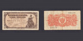 Billetes
Estado Español, Banco de España
5 Pesetas. Burgos, 18 Julio 1937. Sin serie. ED.424. Dobleces y algo sucio. (BC).