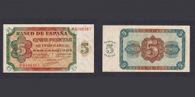 Billetes
Estado Español, Banco de España
5 Pesetas. Burgos, 10 agosto 1938. Serie B. ED.435a. SC.