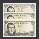 Billetes
Estado Español, Banco de España
5 Pesetas. 16 agosto 1951. Lote de 3 billetes. Serie F, H y 1A. ED.459a. EBC+ a MBC.