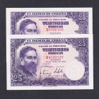 Billetes
Estado Español, Banco de España
25 Pesetas. 22 julio 1954. Lote de 2 billetes. Serie H y K. ED.467a. EBC+.