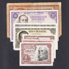 Billetes
Estado Español, Banco de España
Lote de 8 billetes. Peseta 1953 sin serie (3), 5 Pesetas 1951 (3), 25 Pesetas 1946 serie A y 100 Pesetas 19...