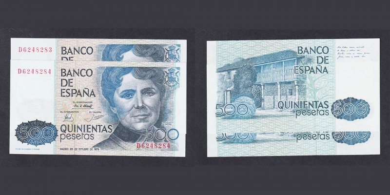Billetes
Juan Carlos I, Banco de España
500 Pesetas. 23 octubre 1979. Serie D....