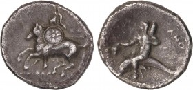GREEK COINS
Didracma. 302-281 a.C. TARAS. CALABRIA. Anv.: Jinete a izquierda con casco y rodela. Rev.: Taras sobre delfín a izquierda con racimo de u...