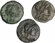GREEK COINS
Lote 3 monedas Semis. (S. III a.C.). BRUTTIUM. Vibo Valentia (Hipponion). Anv.: Cabeza de Hera, detrás S. Rev.: Doble cornucopia. AE. A E...