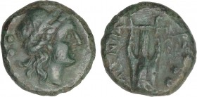 GREEK COINS
Sextans. 192-89 a.C. BRUTTIUM. Vibo Valentia (Hipponion). Anv.: Cabeza laureada de Apolo a derecha, dos puntos detrás. Rev.: VALENTIA. Li...